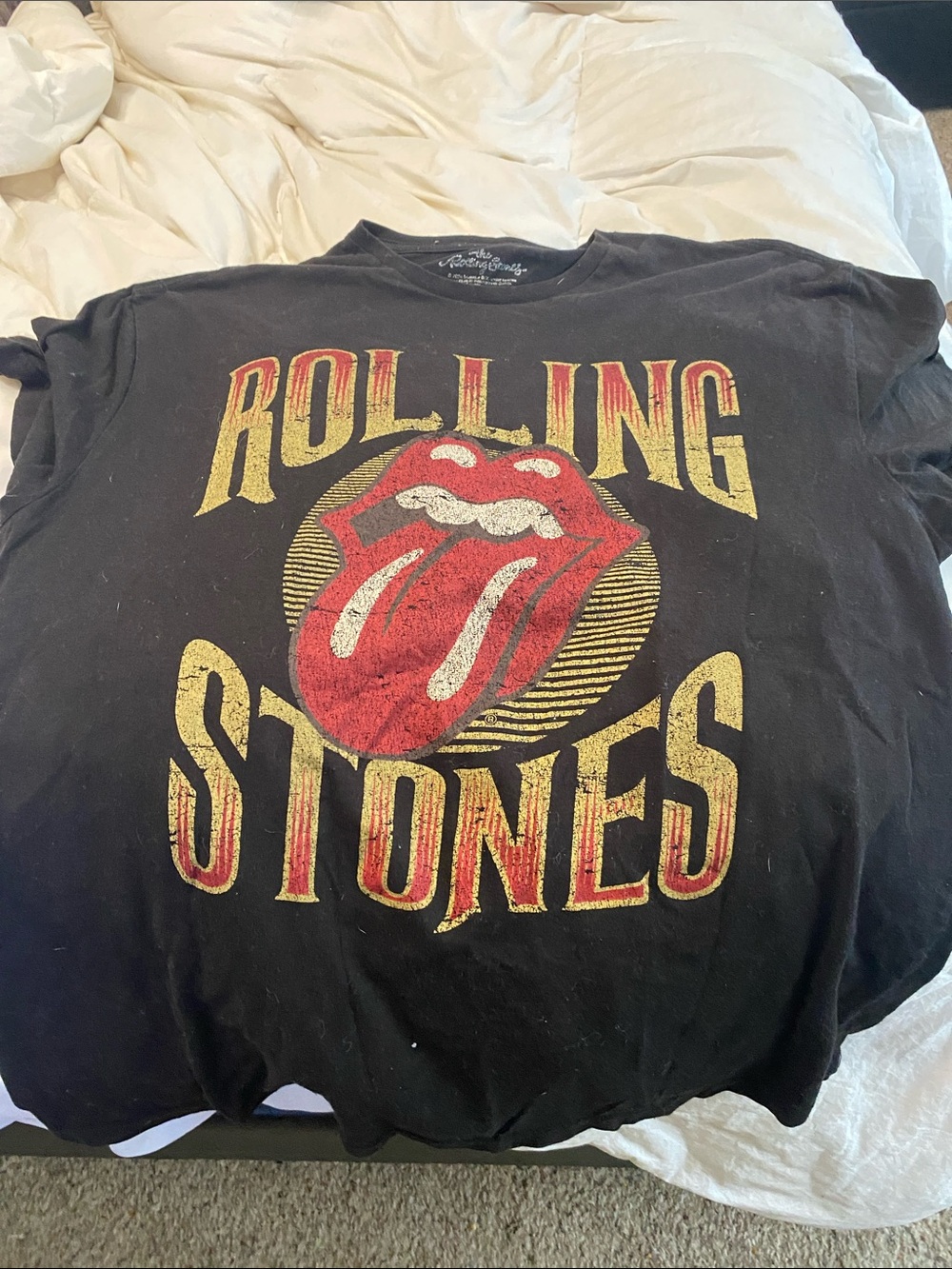 the Rolling Stones Black Tee with Red Tongue and Gold Lettering